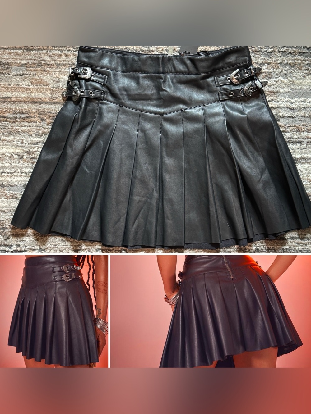 Poster Girl Pleated Faux Leather Mini Skirt with Buckle Detail